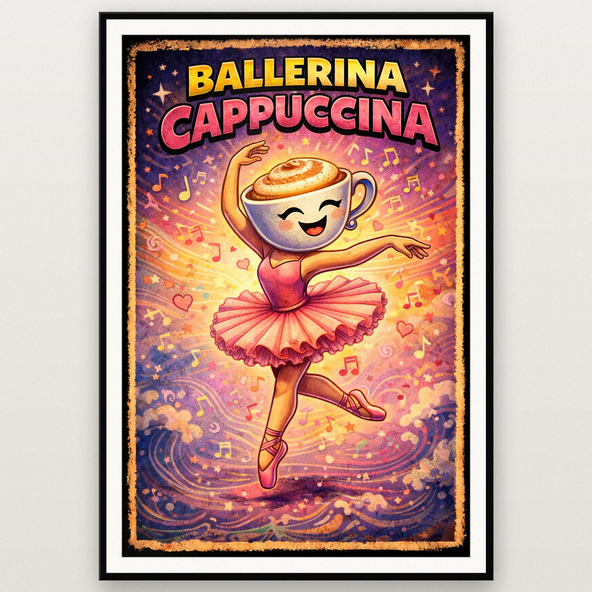 Ballerina Cappuccina Wall Art – Italian Brainrot Ballet Print for Girls shown in a black frame