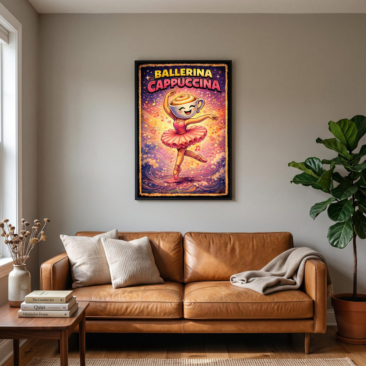 Ballerina Cappuccina Wall Art – Italian Brainrot Ballet Print for Girls hanging on a living room wall