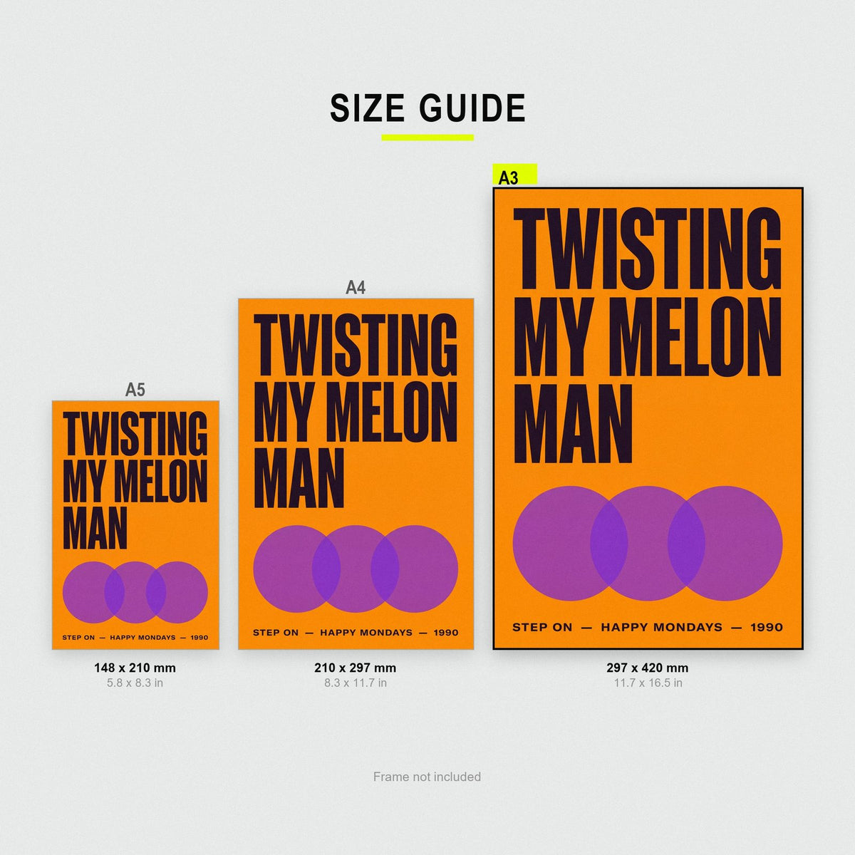 Step On Lyrics Print size guide showing A3, A4 and A5