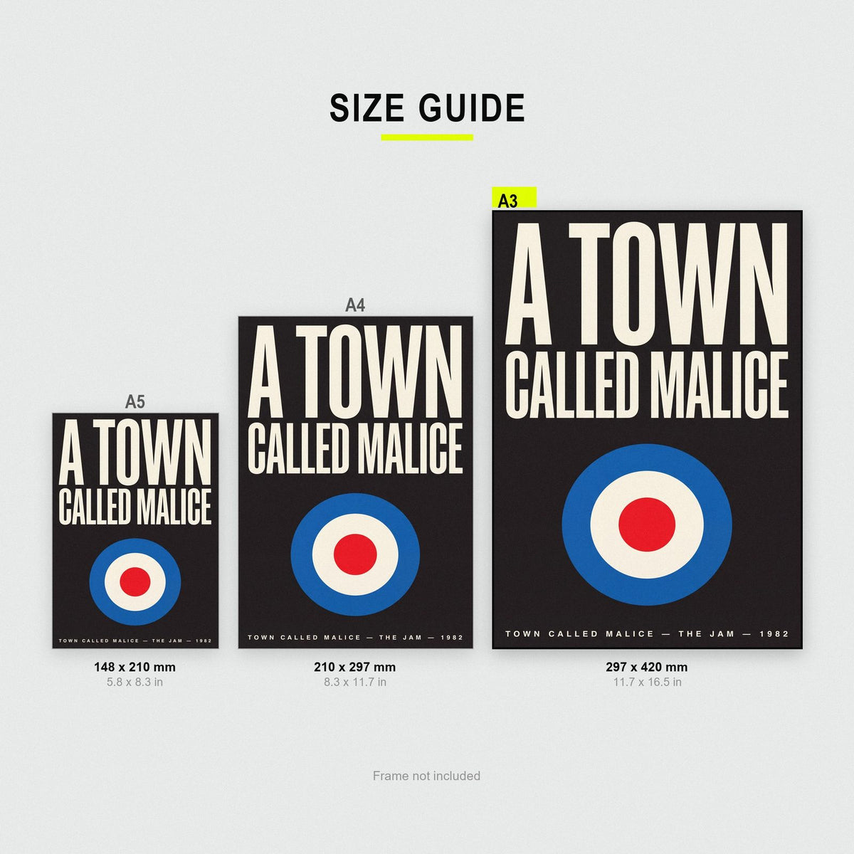 Town Called Malice Lyrics Print size guide showing A3, A4 and A5
