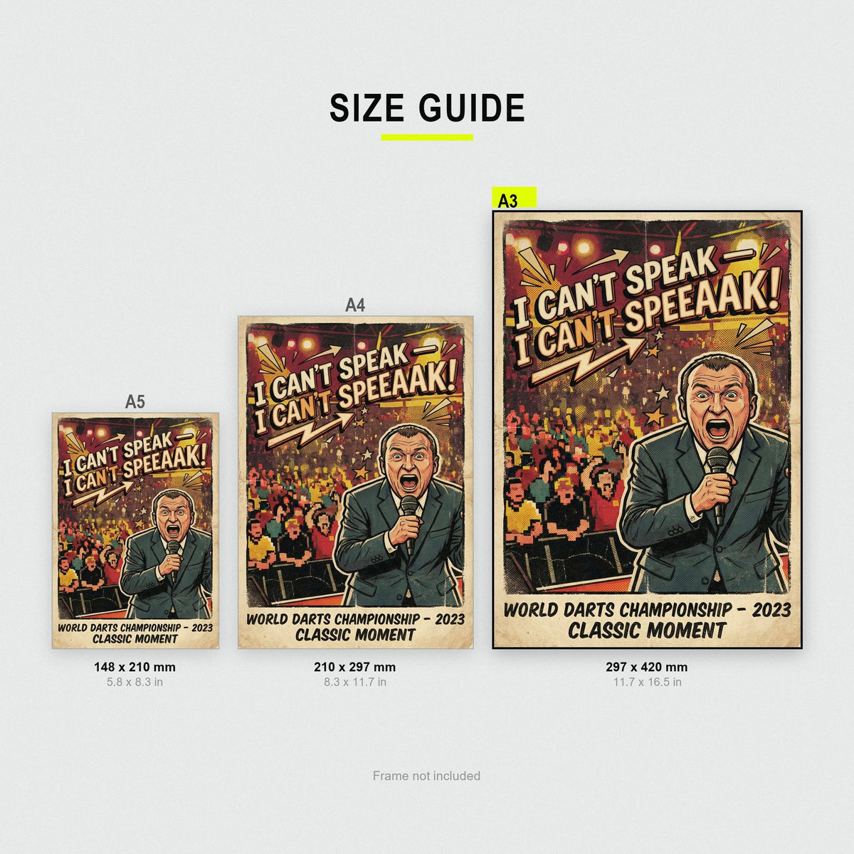 Iconic Darts Poster size guide showing A3, A4 and A5