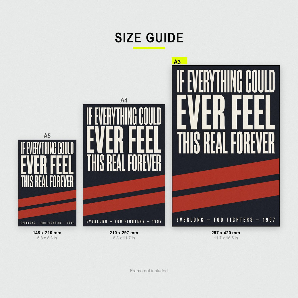 Everlong Lyrics Print size guide showing A3, A4 and A5