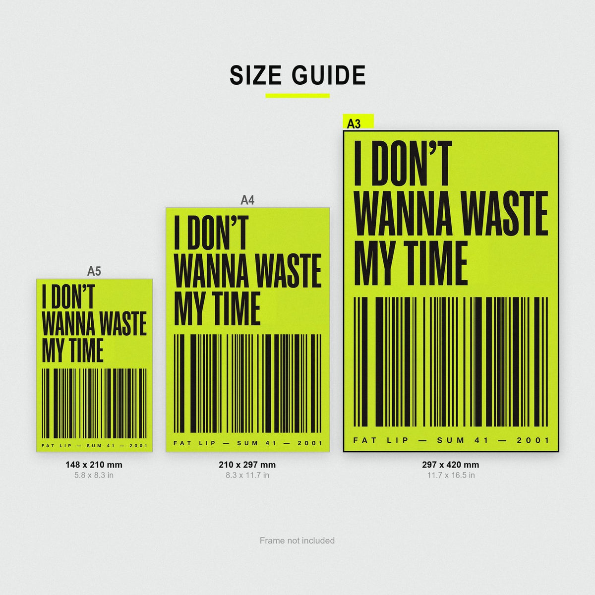 Fat Lip Lyrics Print size guide showing A3, A4 and A5