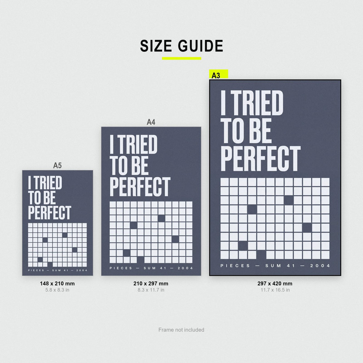 Pieces Lyrics Print size guide showing A3, A4 and A5