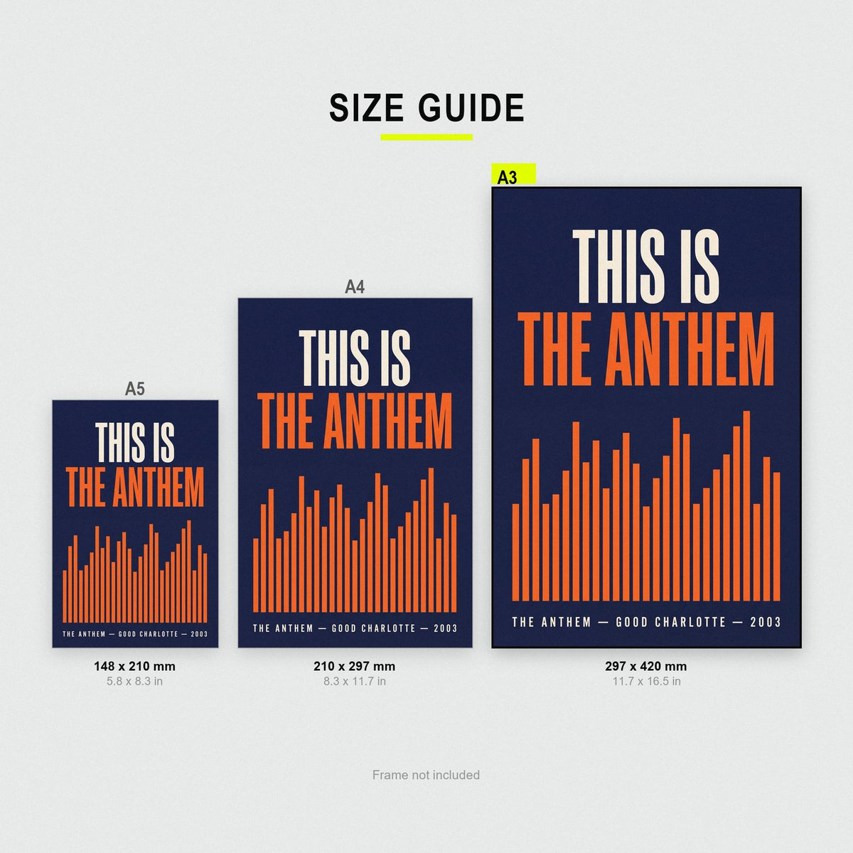 The Anthem Lyrics Print size guide showing A3, A4 and A5