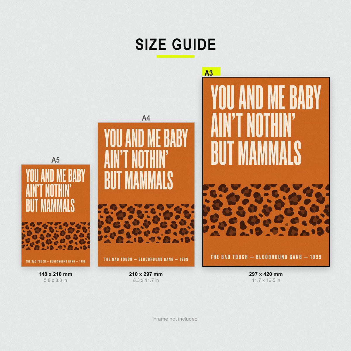 The Bad Touch Lyrics Print size guide showing A3, A4 and A5