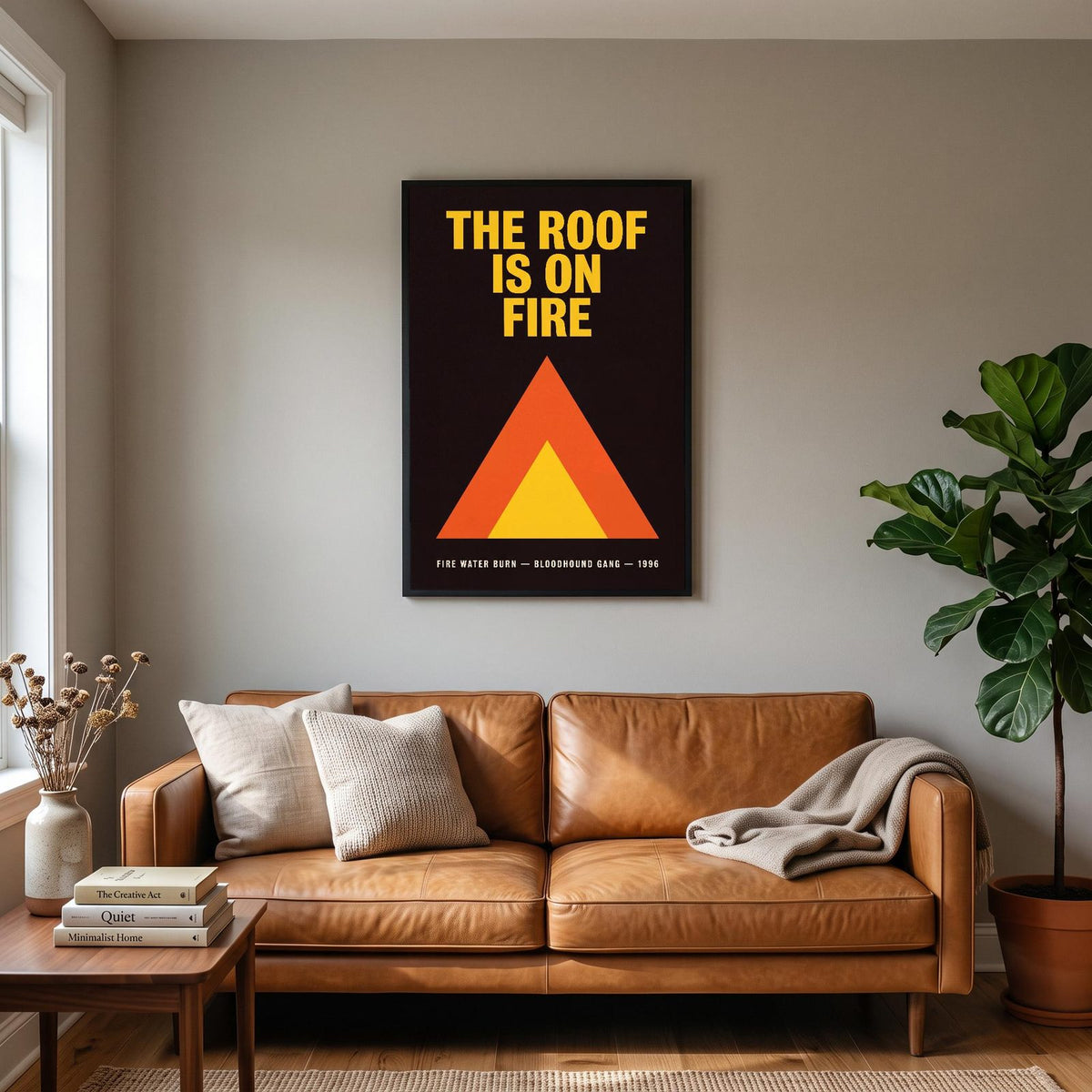Fire Water Burn Lyrics Print hanging on a living room wall