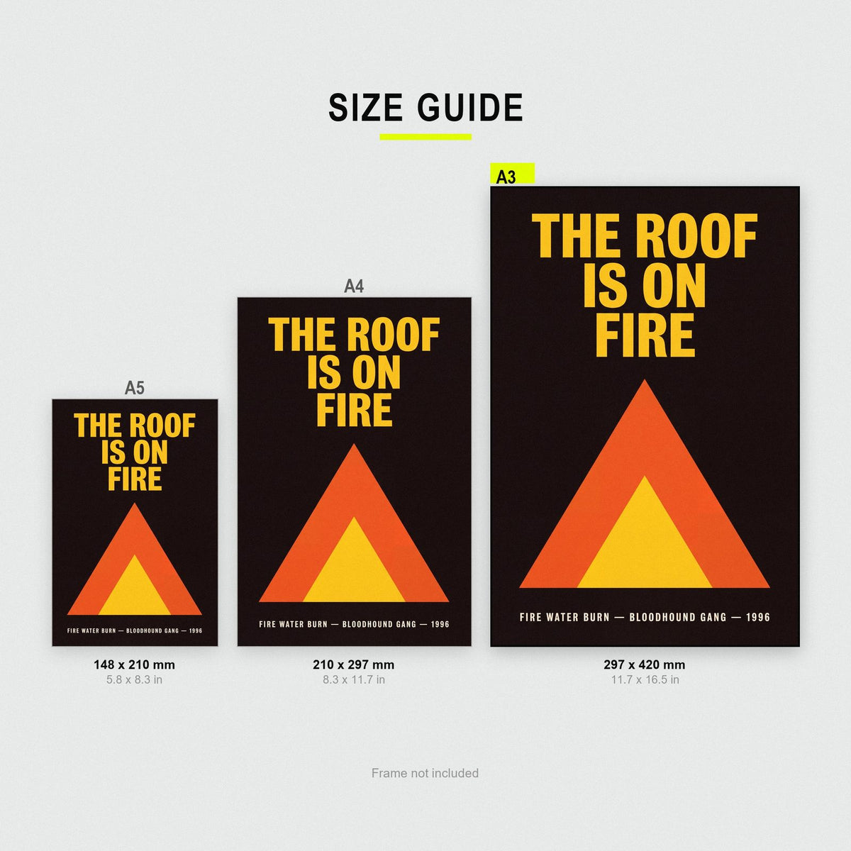 Fire Water Burn Lyrics Print size guide showing A3, A4 and A5