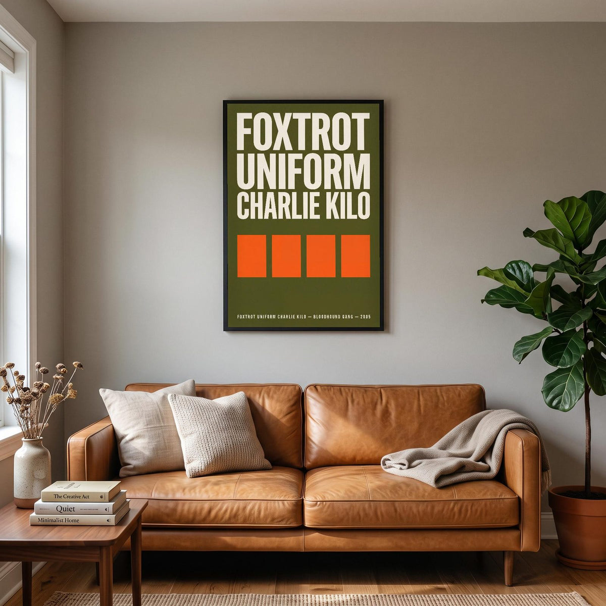Foxtrot Uniform Charlie Kilo Lyrics Print hanging on a living room wall
