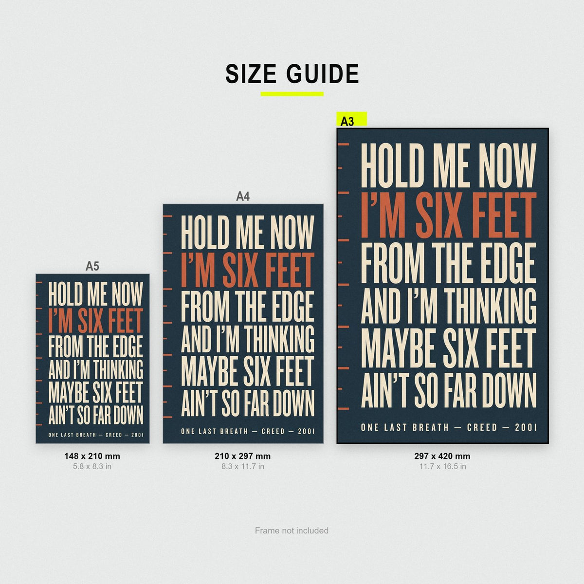 One Last Breath Lyrics Print size guide showing A3, A4 and A5