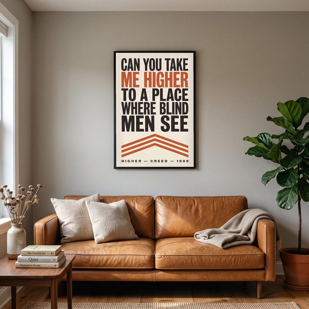 Higher Lyrics Print hanging on a living room wall
