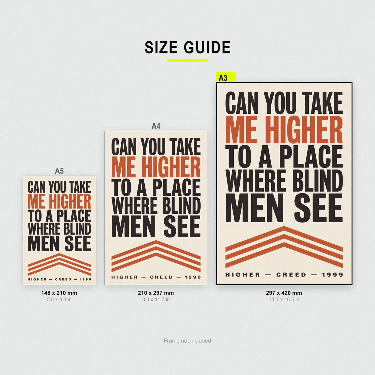 Higher Lyrics Print size guide showing A3, A4 and A5