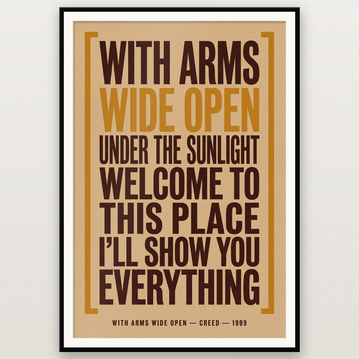 With Arms Wide Open Lyrics Print shown in a black frame