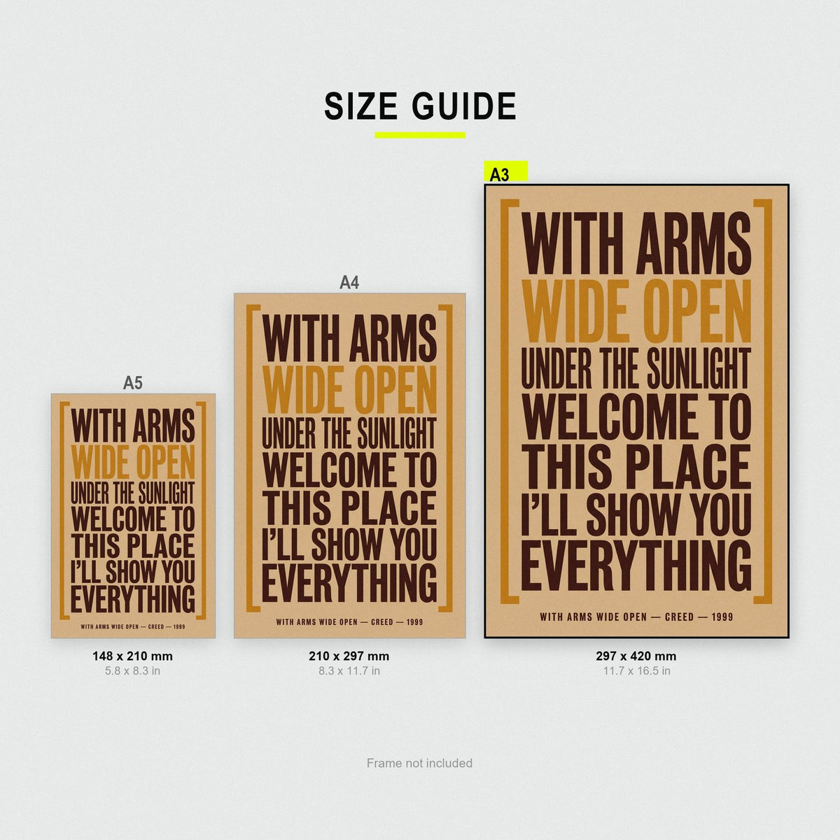 With Arms Wide Open Lyrics Print size guide showing A3, A4 and A5