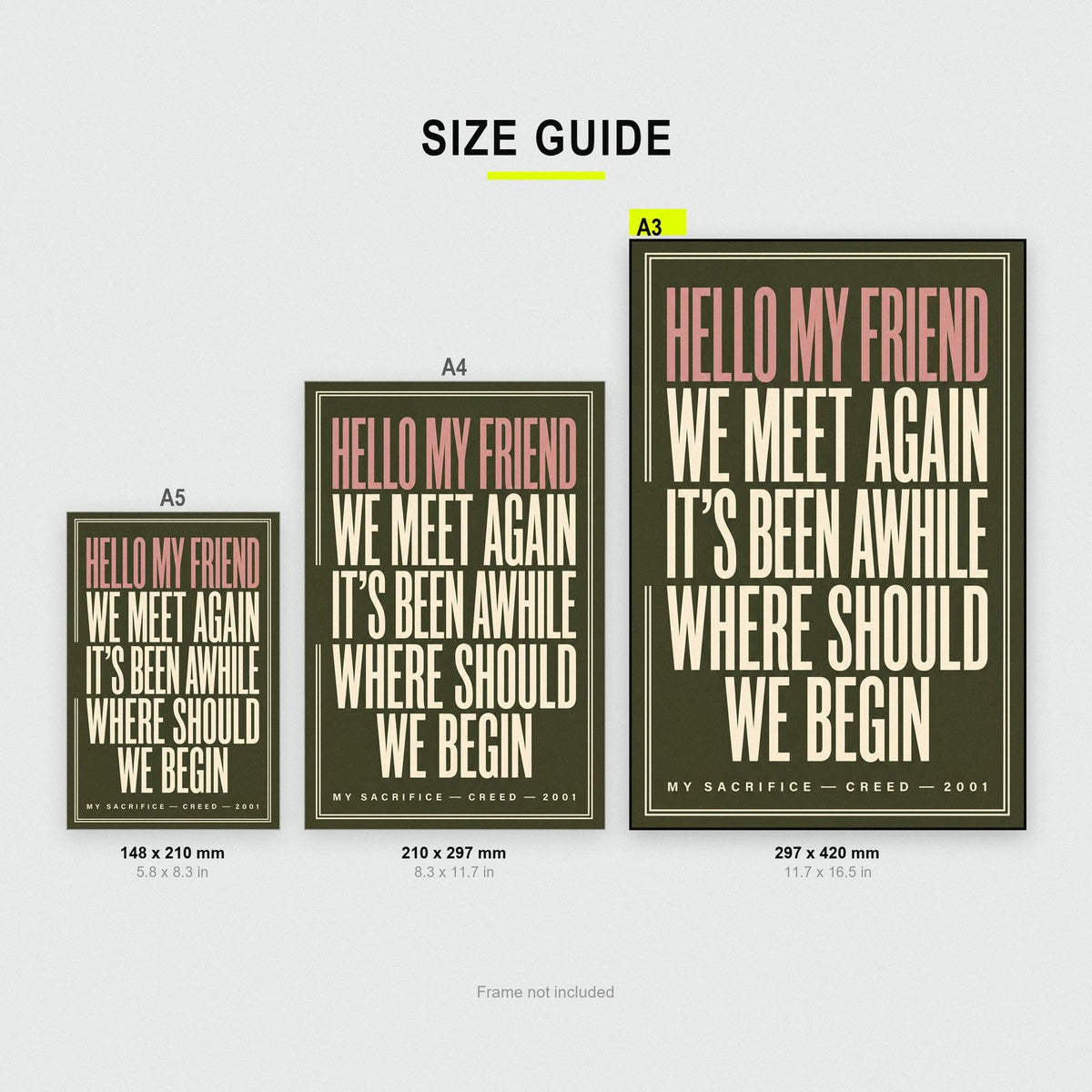 My Sacrifice Lyrics Print size guide showing A3, A4 and A5