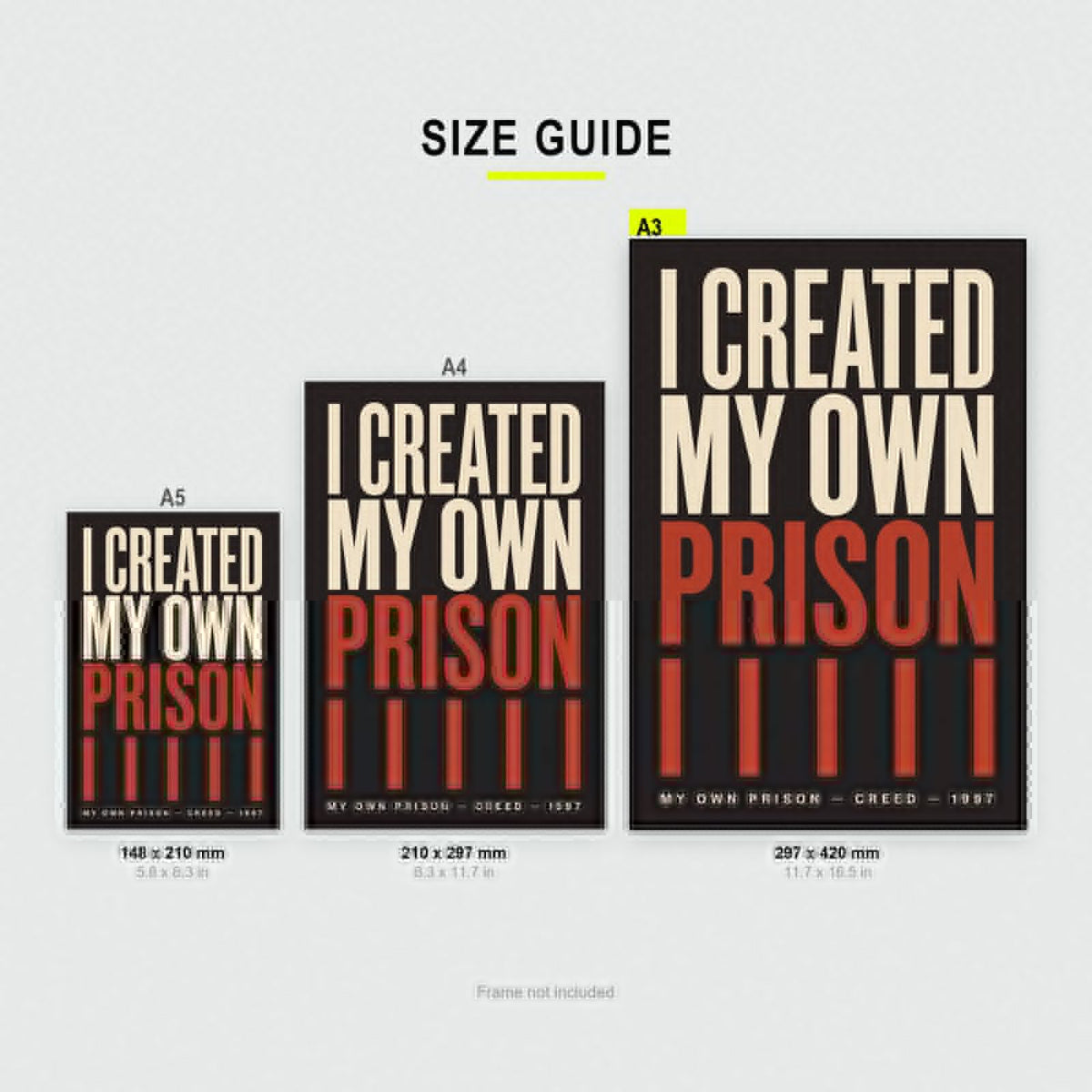My Own Prison Lyrics Print size guide showing A3, A4 and A5