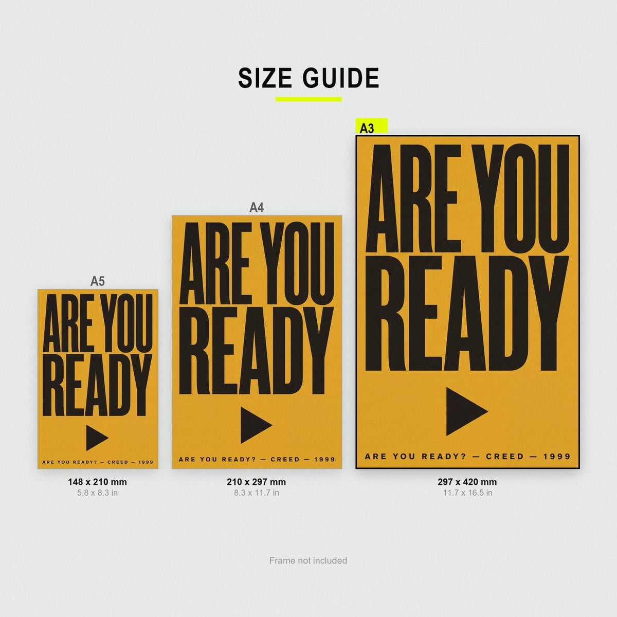 Are You Ready Lyrics Print size guide showing A3, A4 and A5