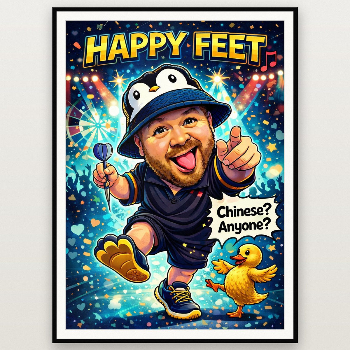 Happy Feet Darts Poster shown in a black frame