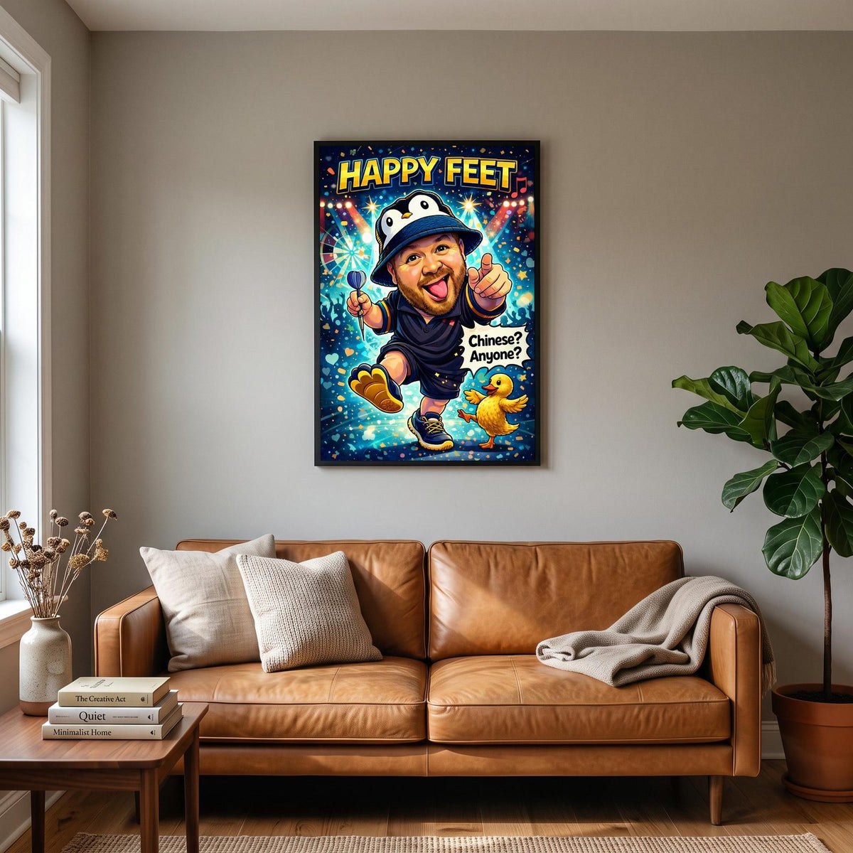 Happy Feet Darts Poster hanging on a living room wall