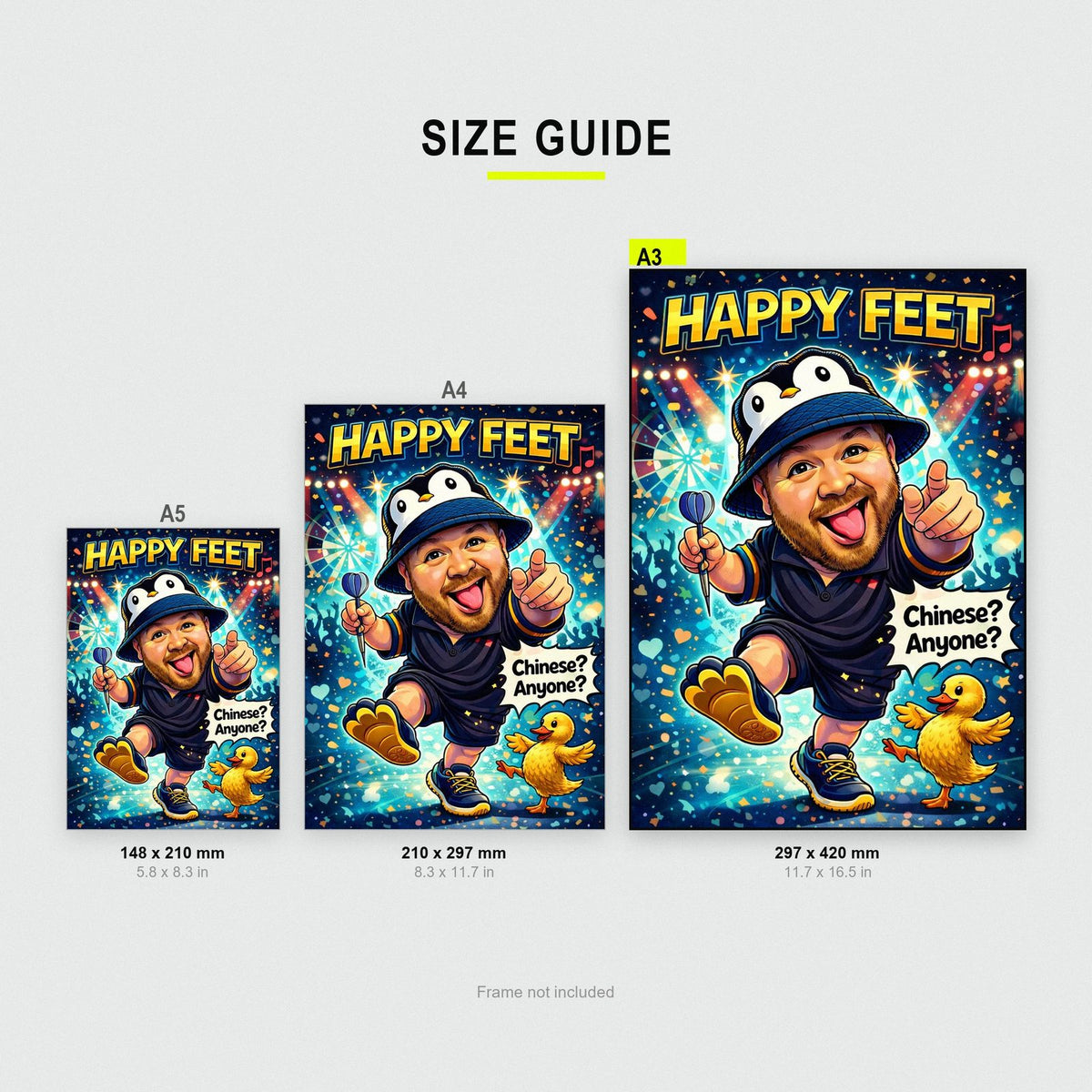 Happy Feet Darts Poster size guide showing A3, A4 and A5