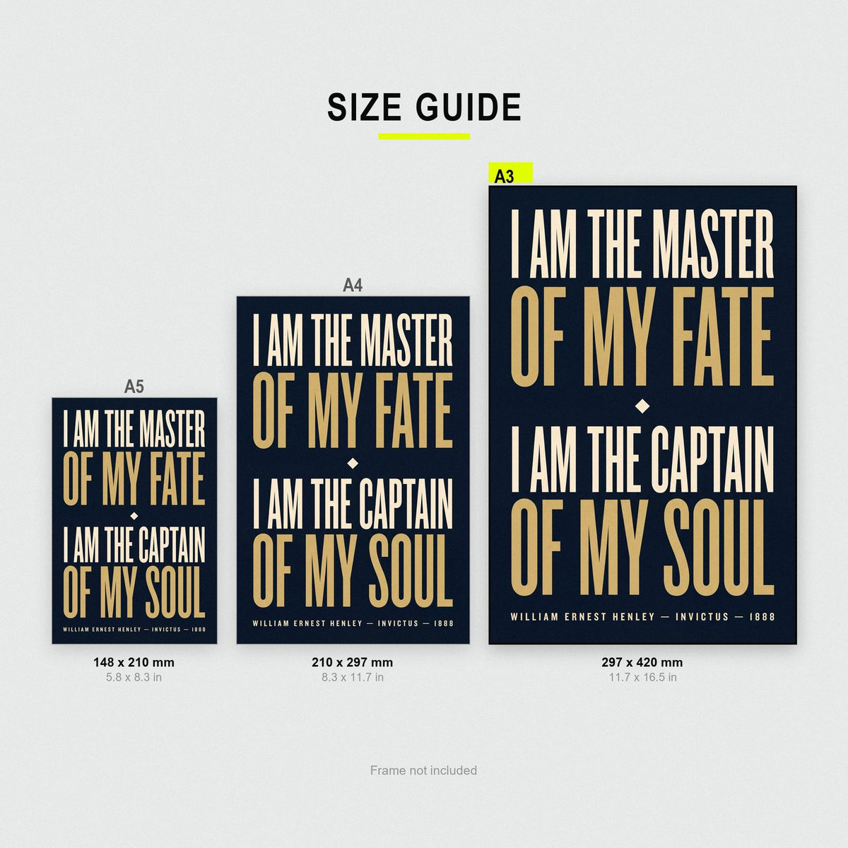 Invictus Print size guide showing A3, A4 and A5