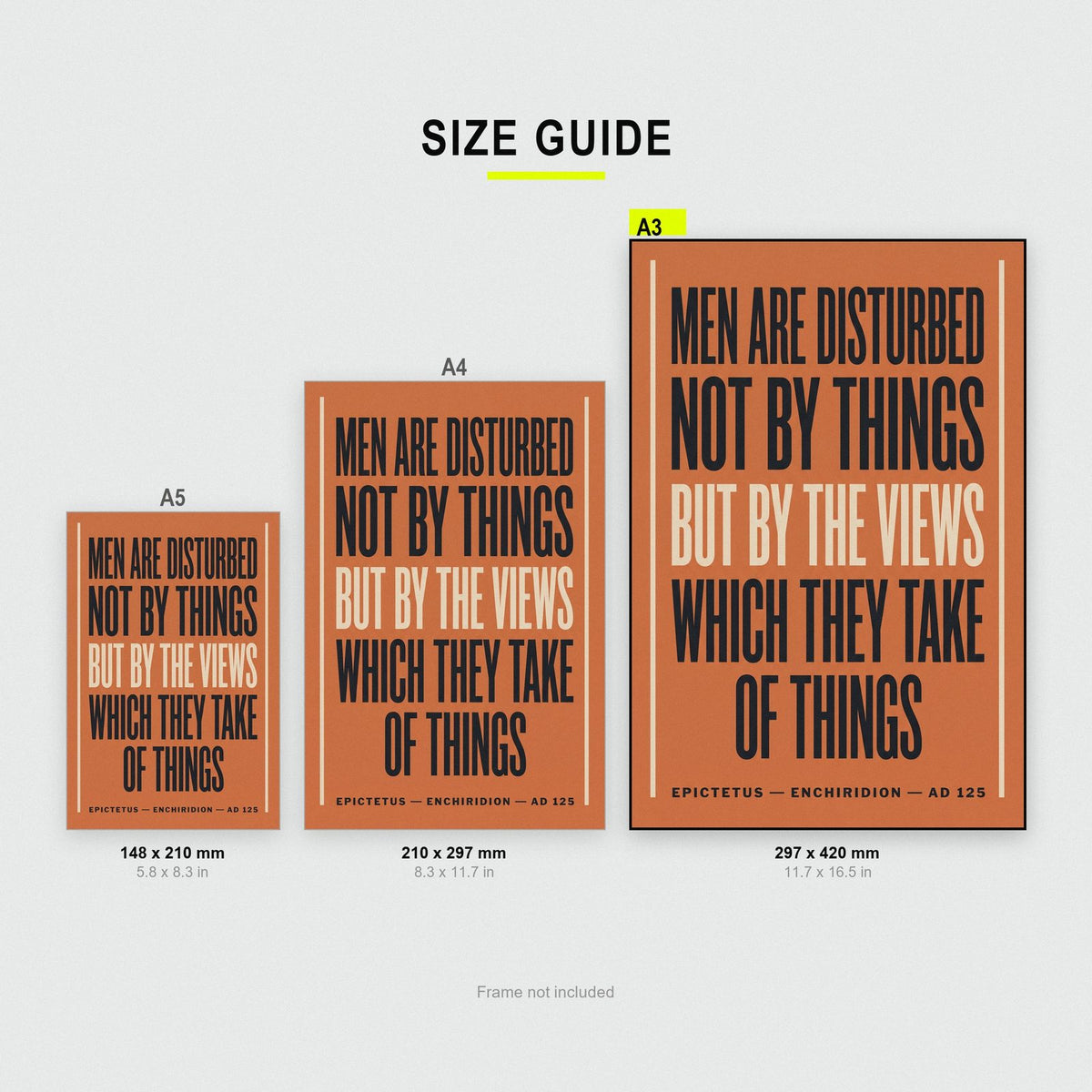 Epictetus Quote Print size guide showing A3, A4 and A5