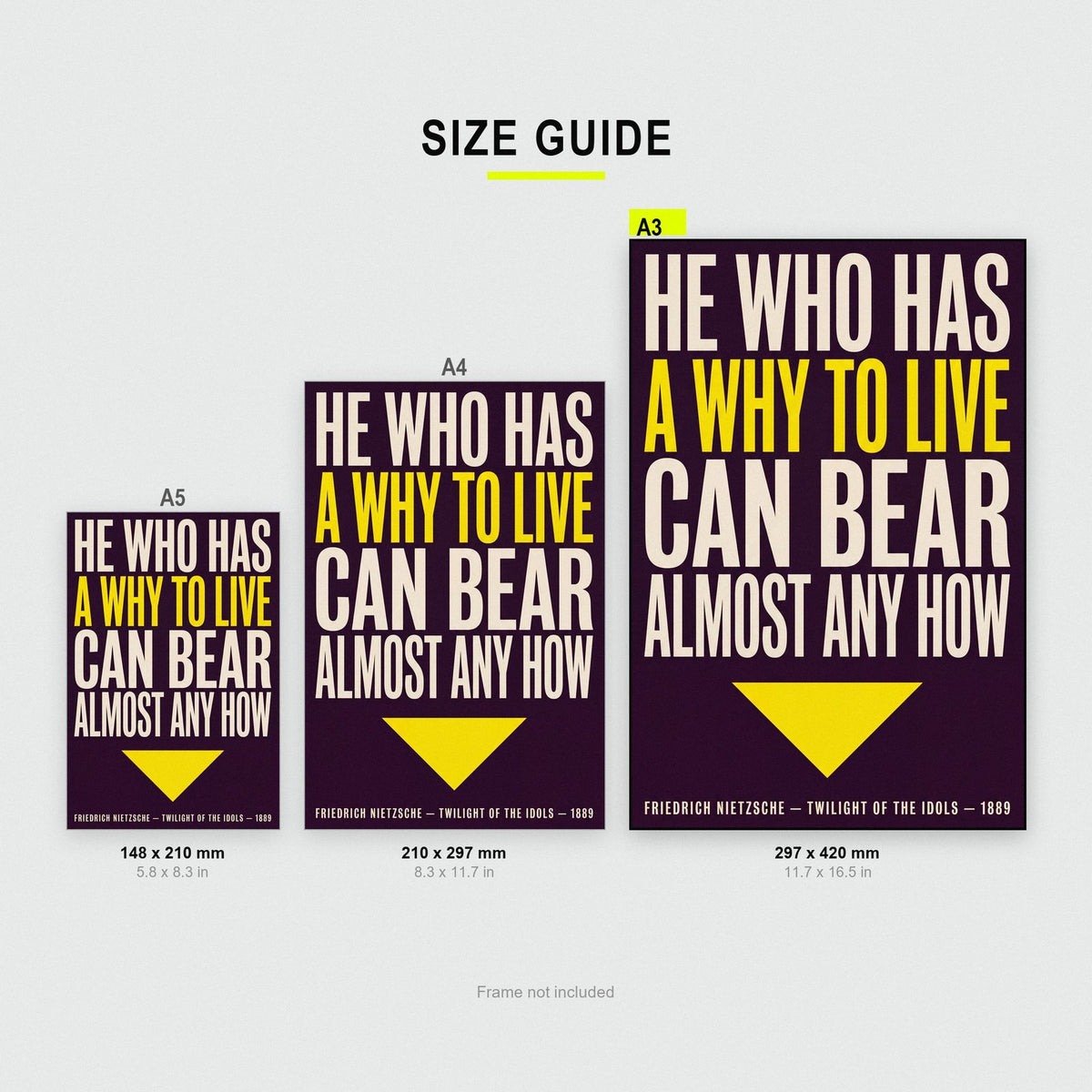 Nietzsche Quote Print size guide showing A3, A4 and A5