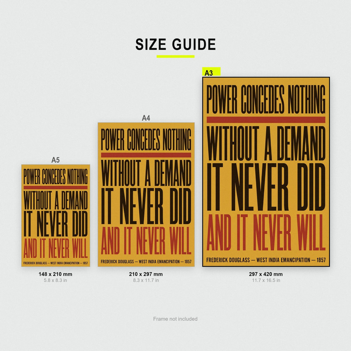 Frederick Douglass Quote Print size guide showing A3, A4 and A5