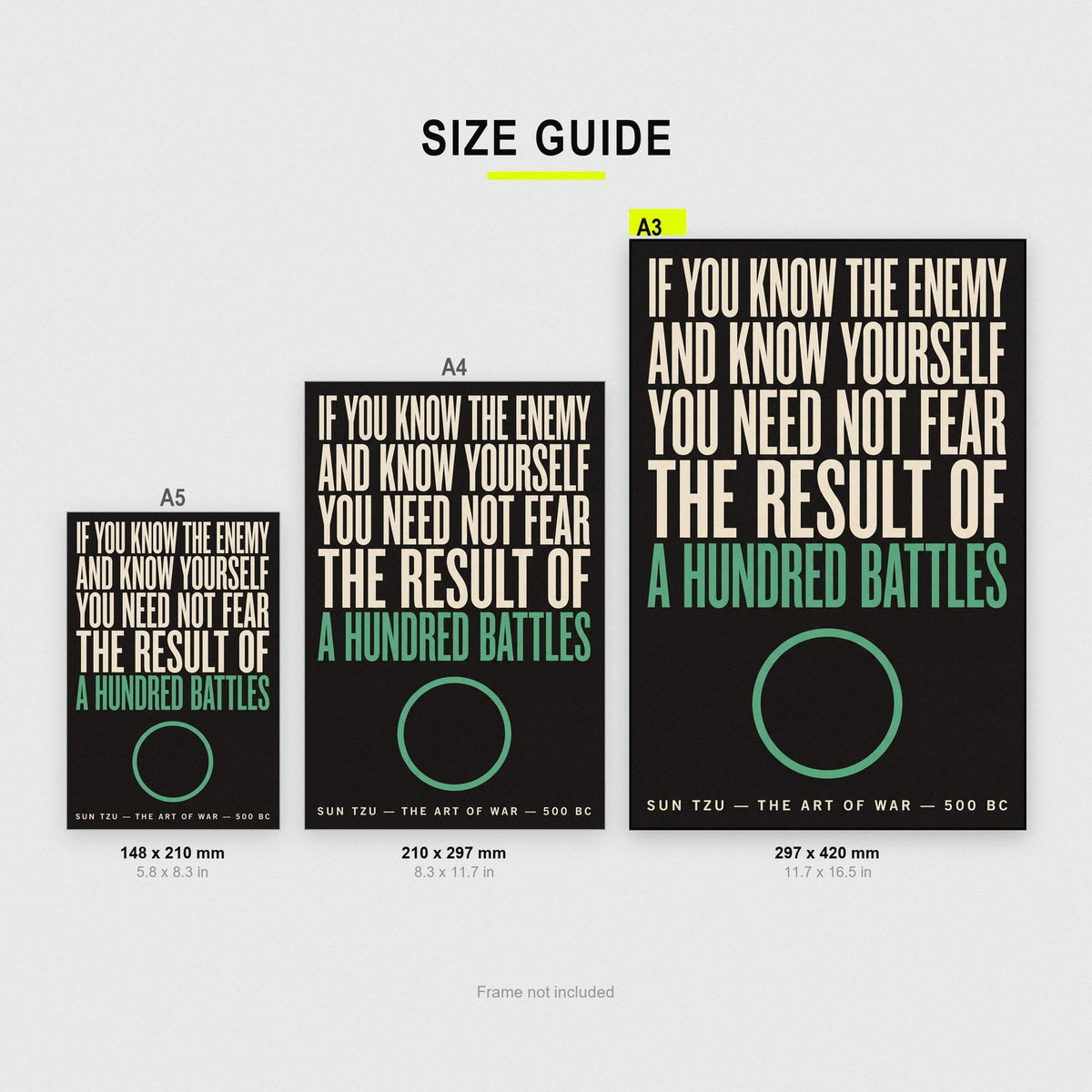 Sun Tzu Quote Print size guide showing A3, A4 and A5