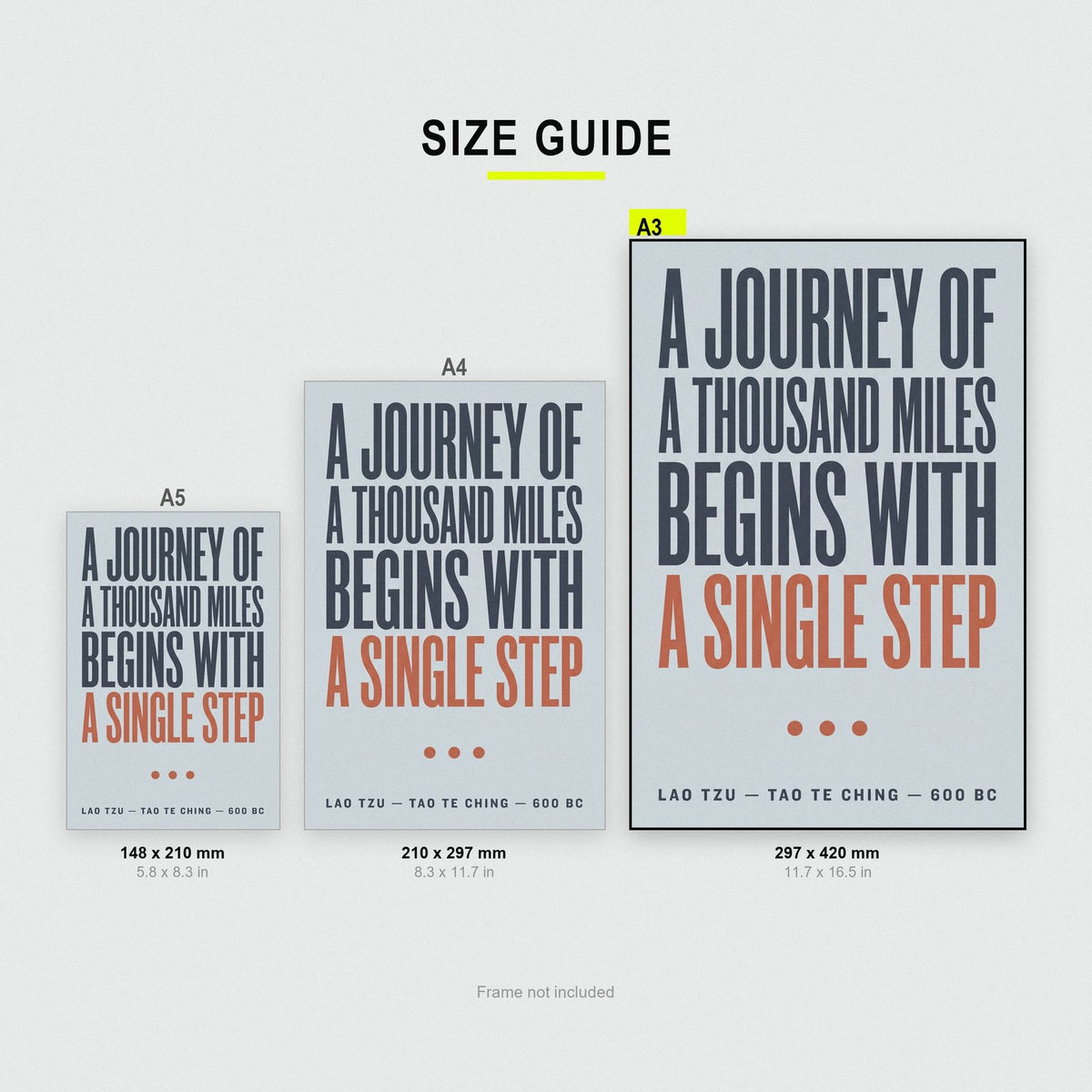 Lao Tzu Quote Print size guide showing A3, A4 and A5
