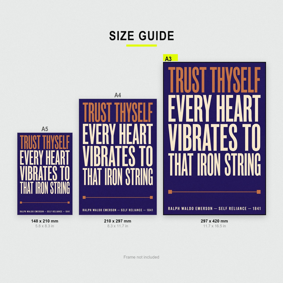 Trust Thyself Print size guide showing A3, A4 and A5