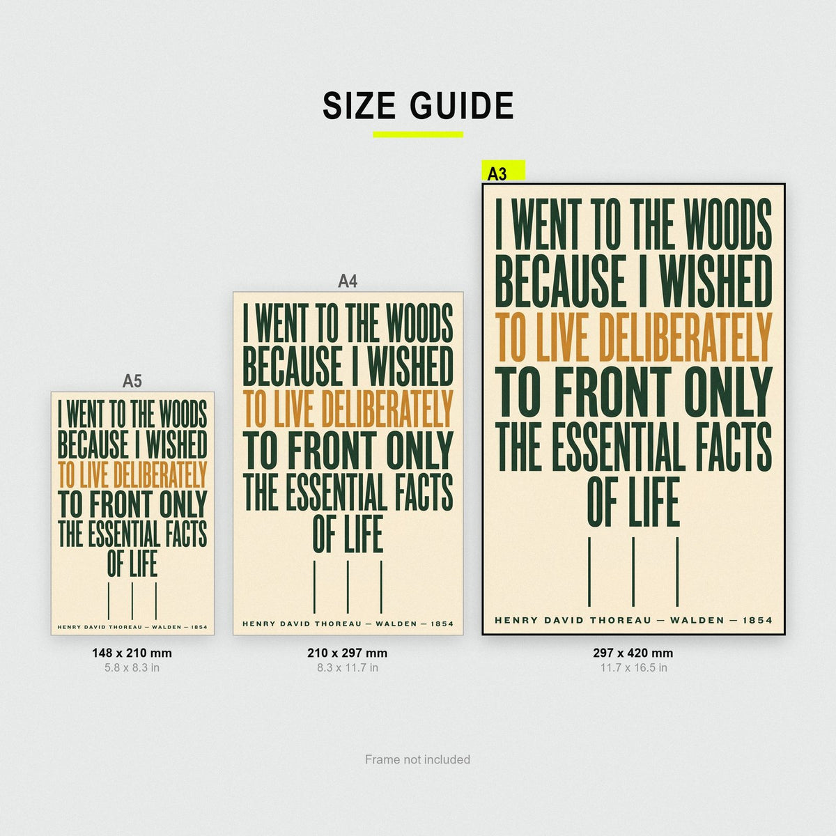 Walden Print size guide showing A3, A4 and A5