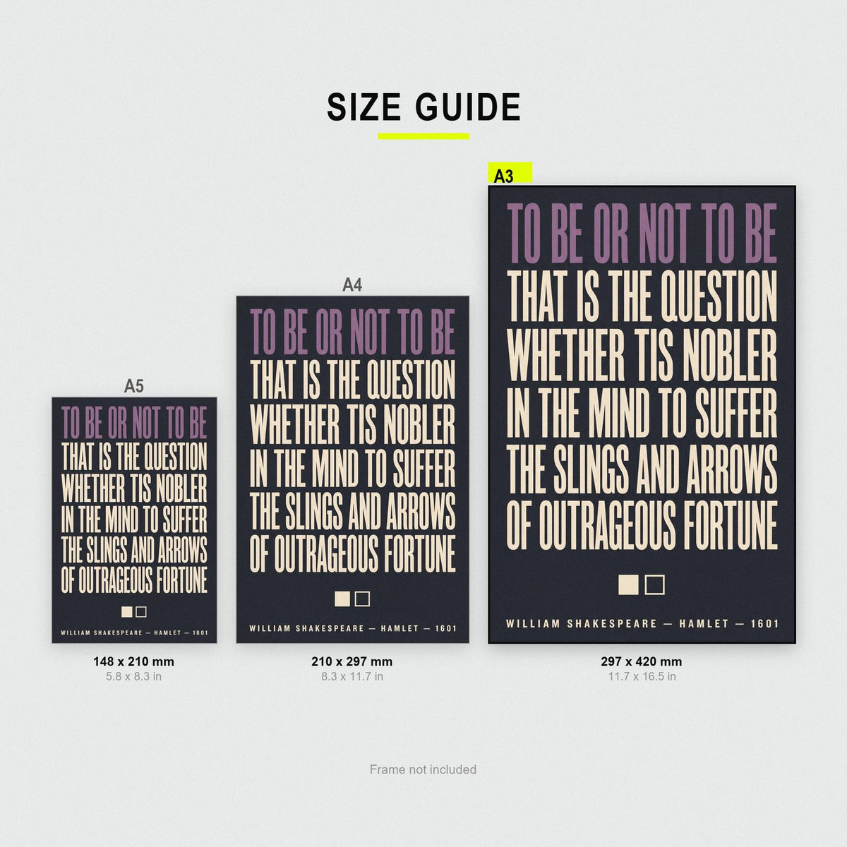To Be Or Not To Be Print size guide showing A3, A4 and A5