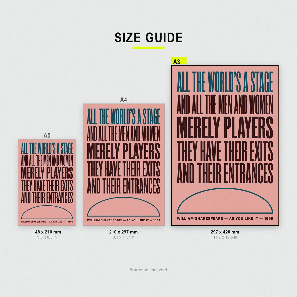 All The World's A Stage Print size guide showing A3, A4 and A5