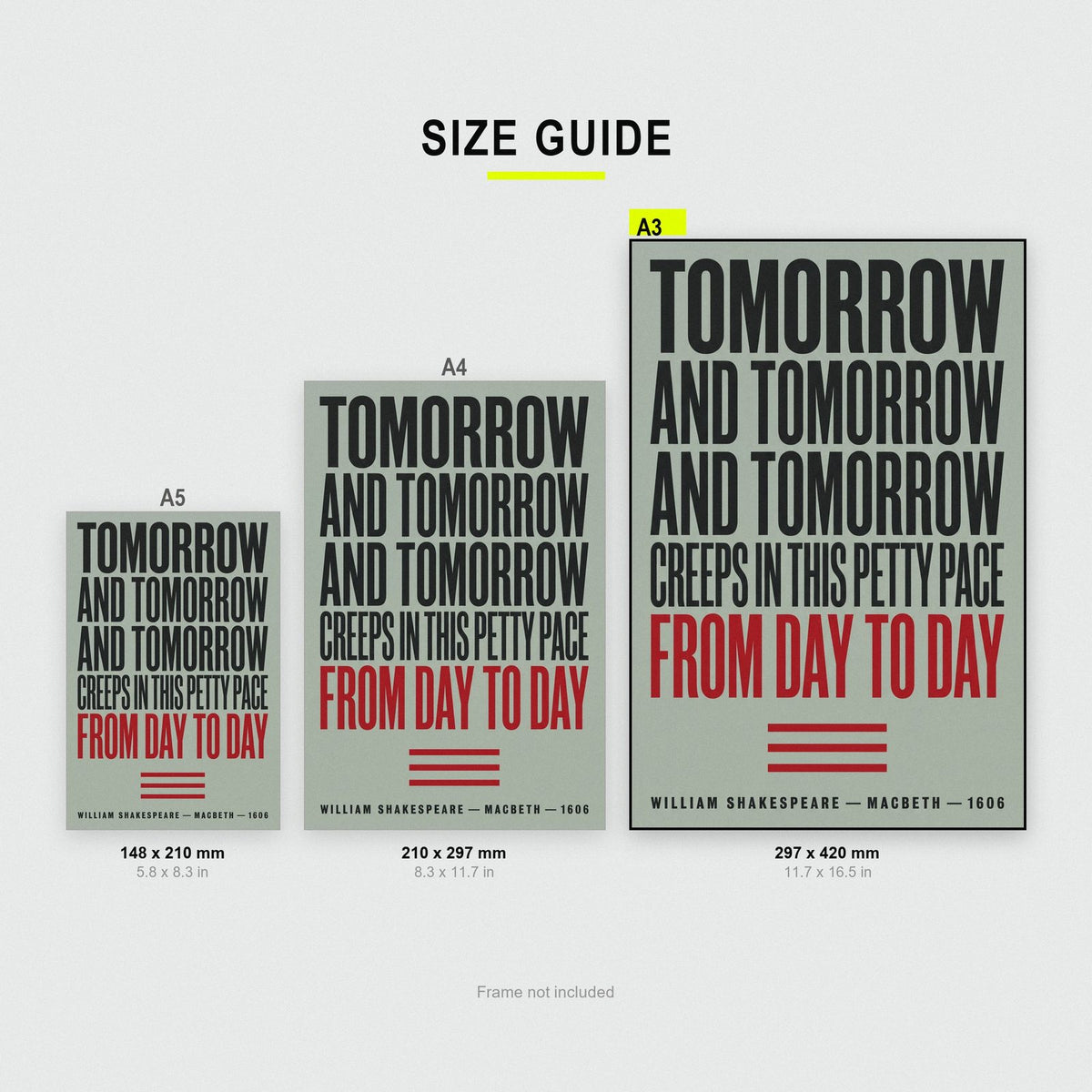 Tomorrow And Tomorrow Print size guide showing A3, A4 and A5