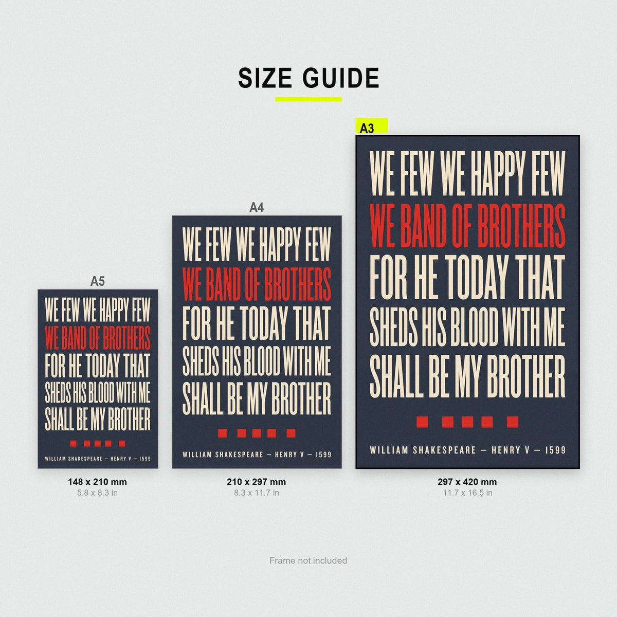 We Band Of Brothers Print size guide showing A3, A4 and A5