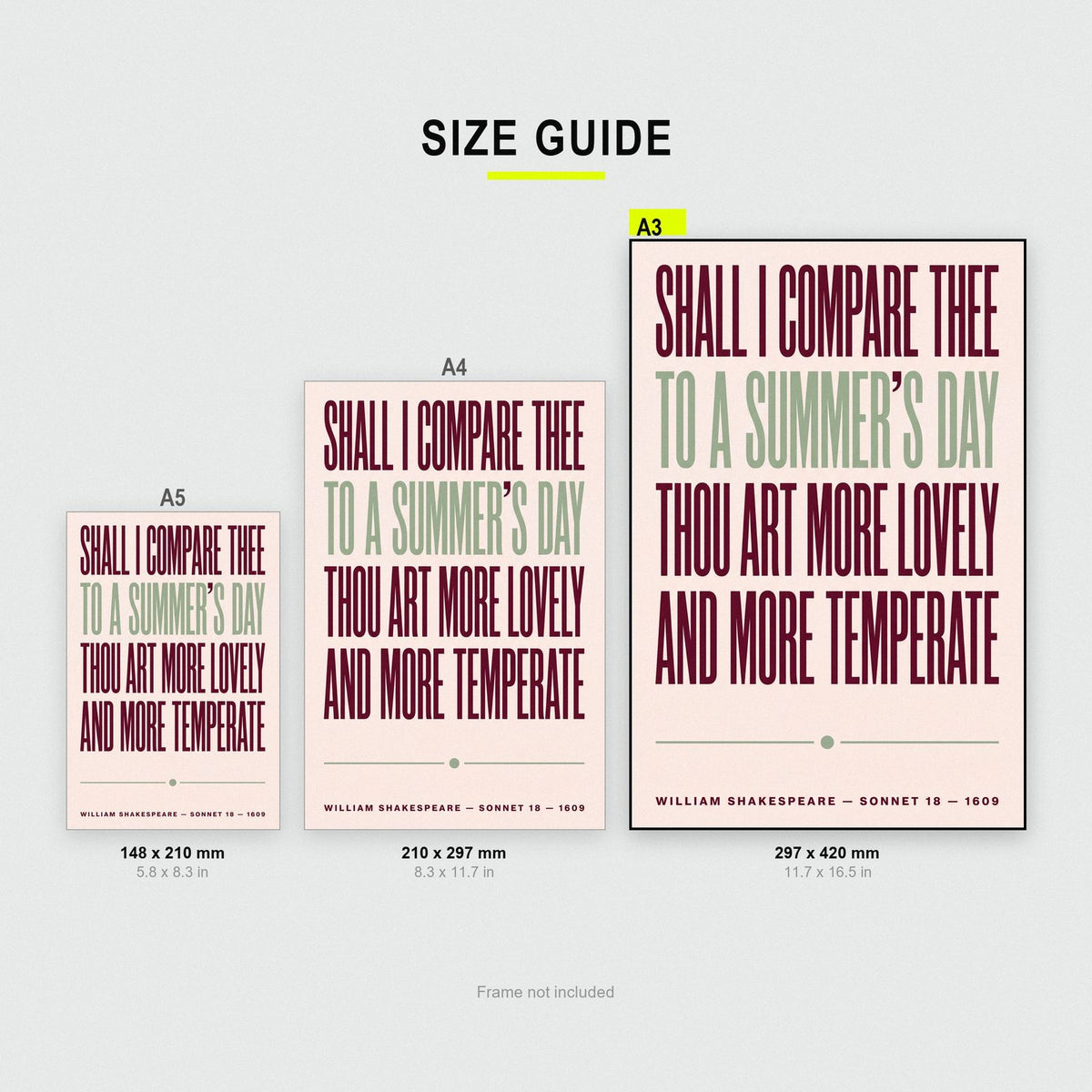 Shall I Compare Thee Print size guide showing A3, A4 and A5