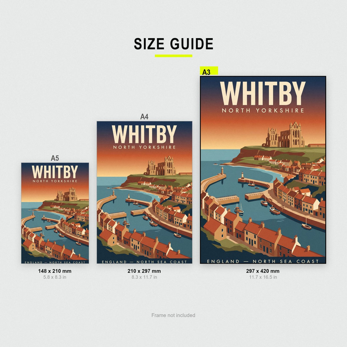 Whitby Print size guide showing A3, A4 and A5