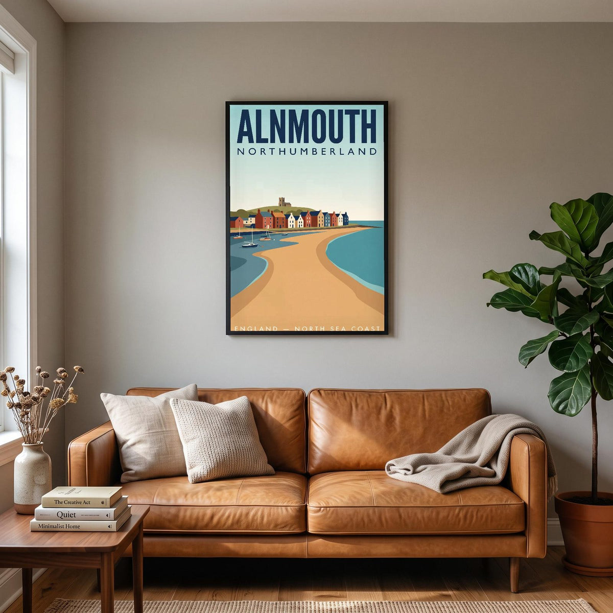 Alnmouth Print hanging on a living room wall