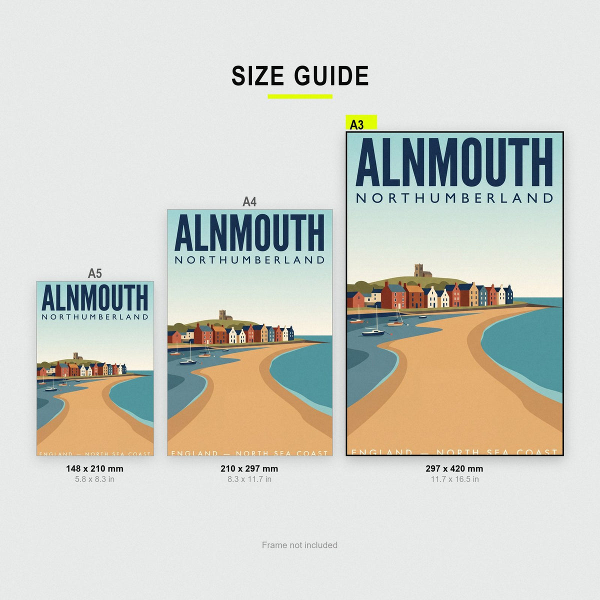 Alnmouth Print size guide showing A3, A4 and A5