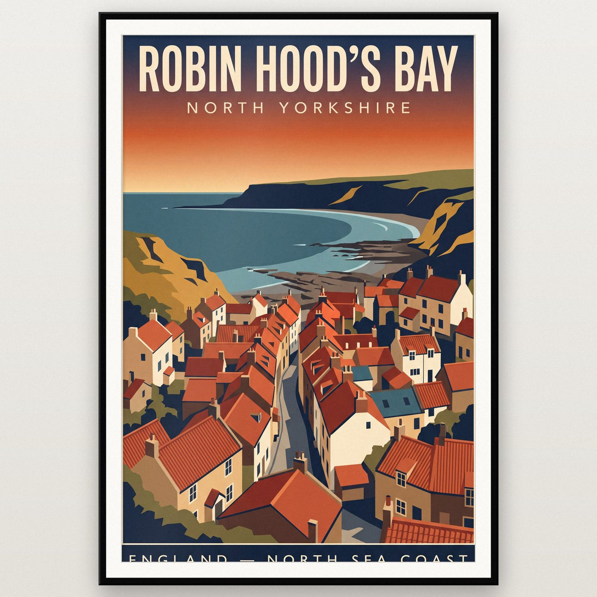 Robin Hoods Bay Print shown in a black frame