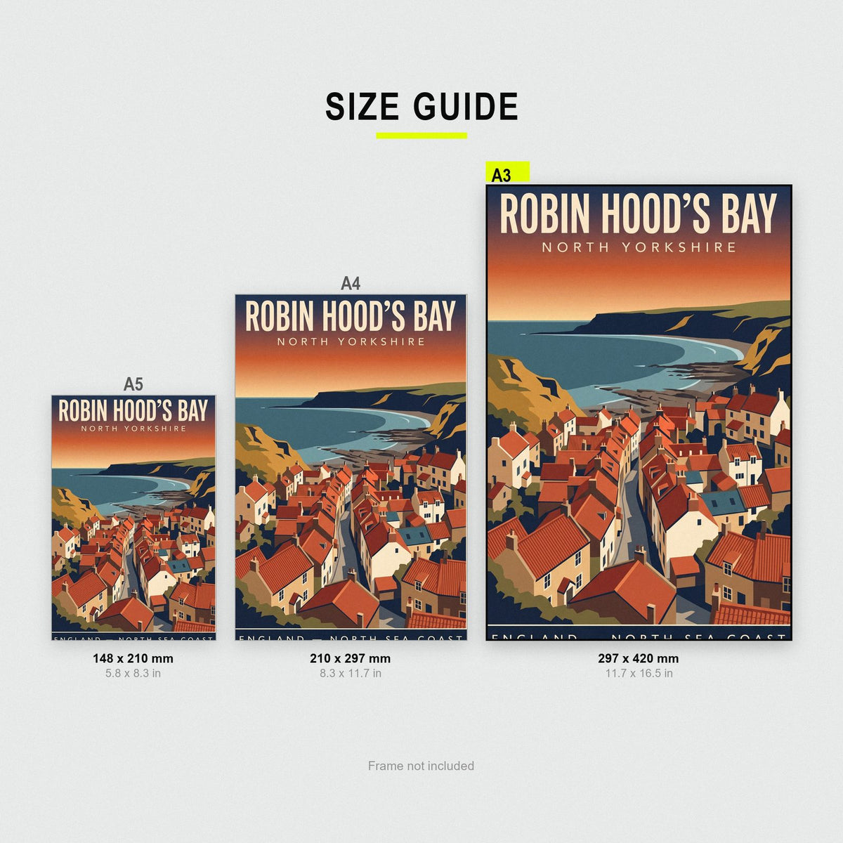 Robin Hoods Bay Print size guide showing A3, A4 and A5