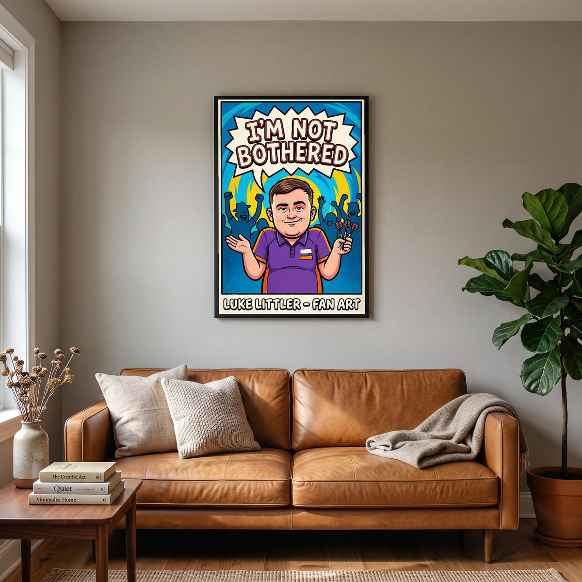Luke Littler 'I'm Not Bothered' Darts Art Print hanging on a living room wall