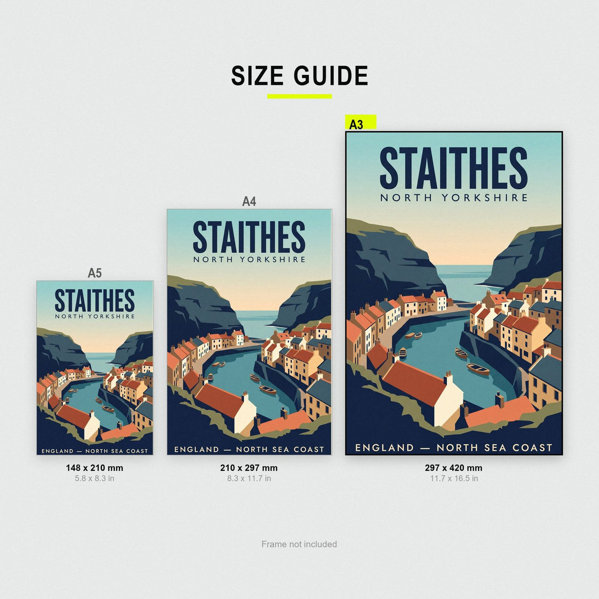 Staithes Print size guide showing A3, A4 and A5