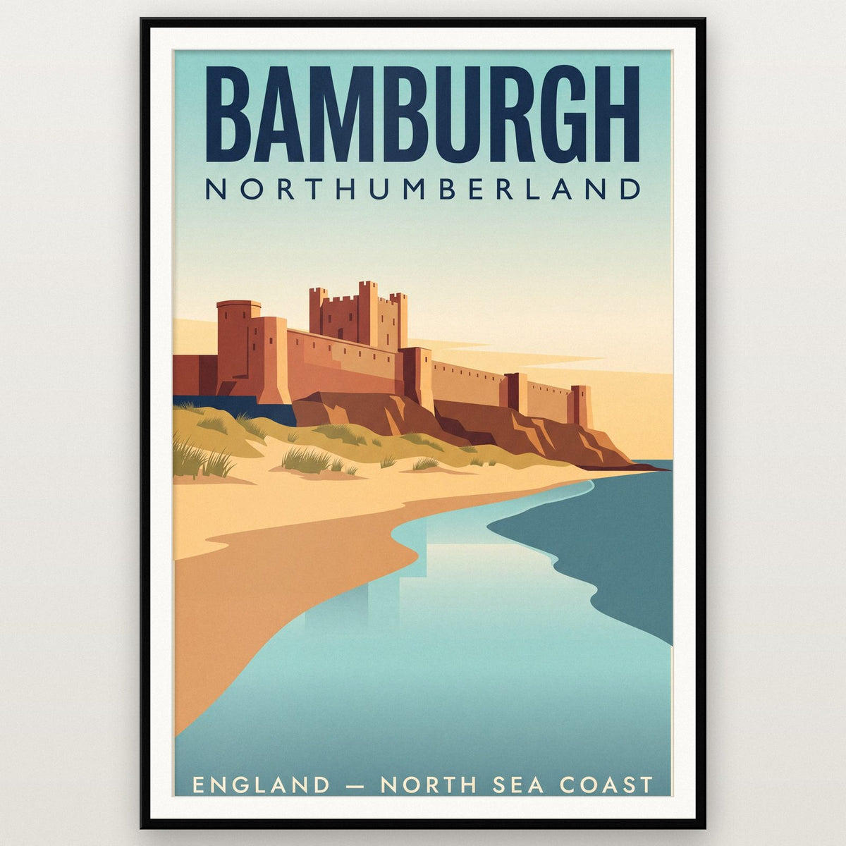 Bamburgh Print shown in a black frame