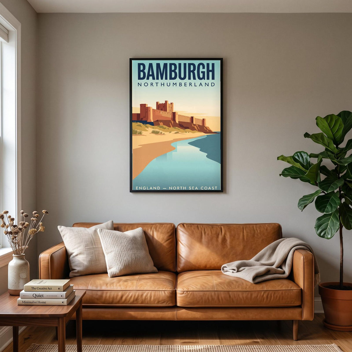 Bamburgh Print hanging on a living room wall