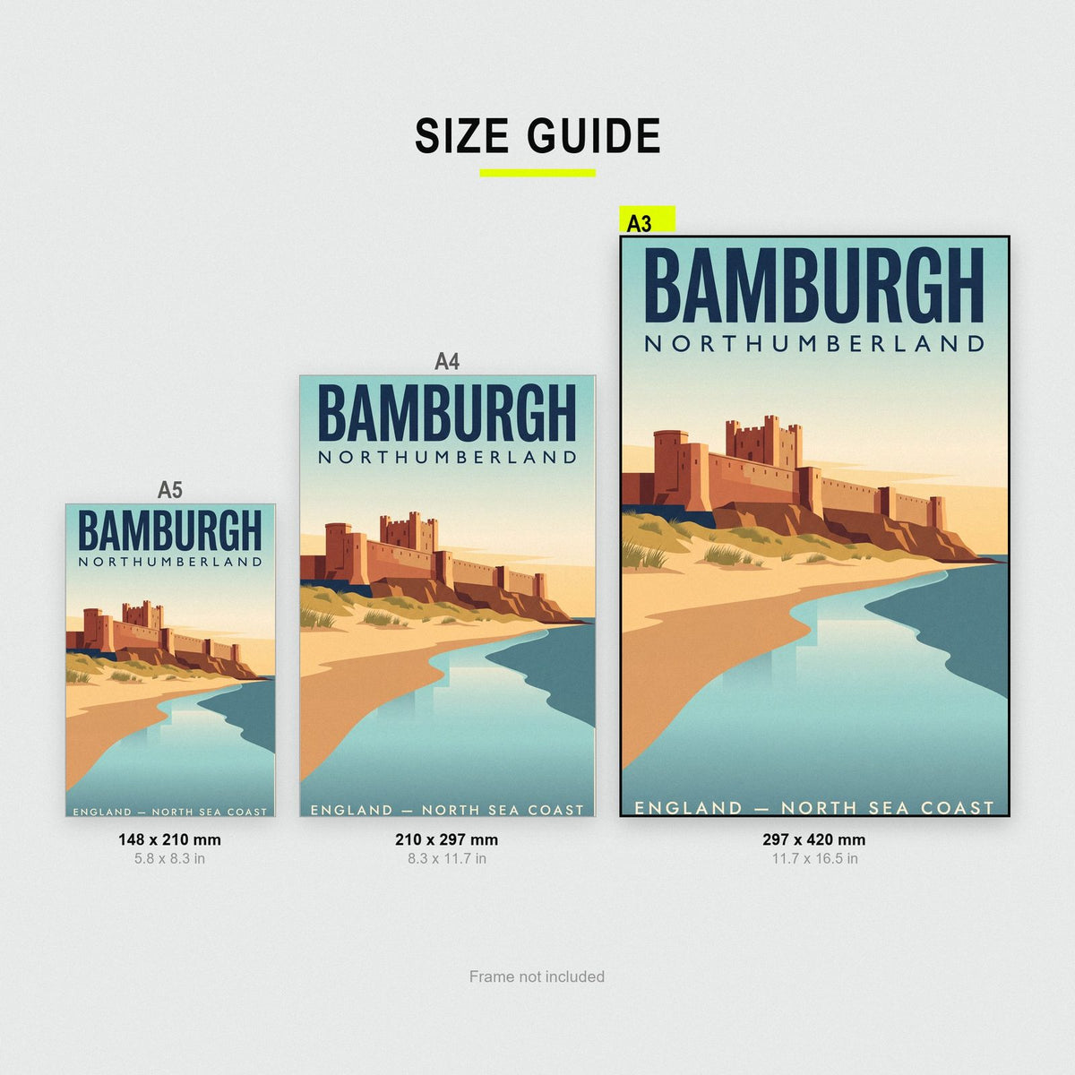 Bamburgh Print size guide showing A3, A4 and A5