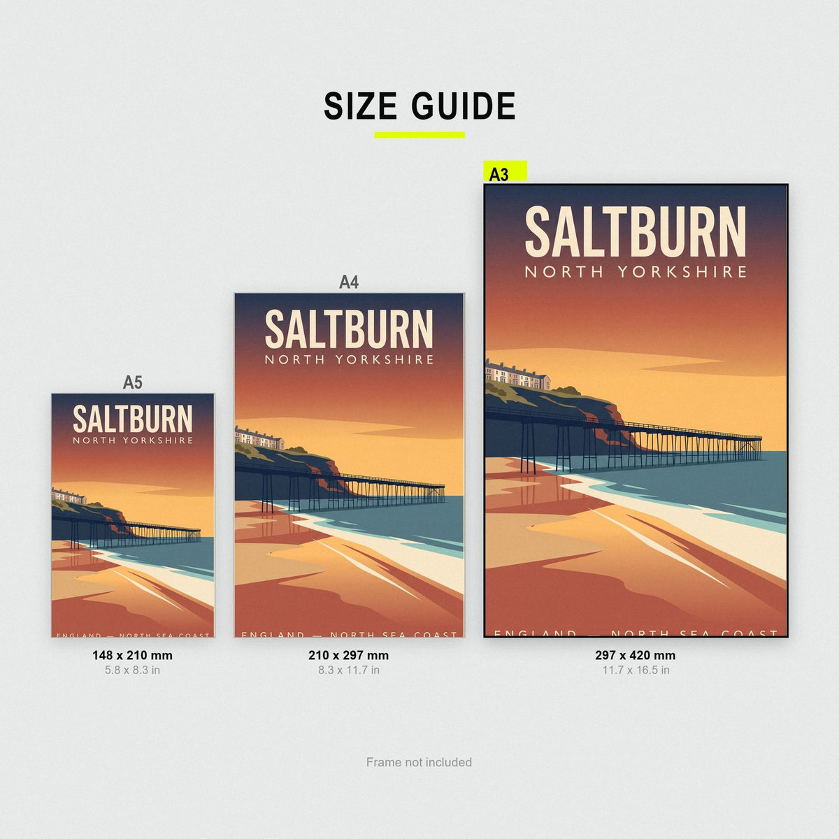 Saltburn Print size guide showing A3, A4 and A5