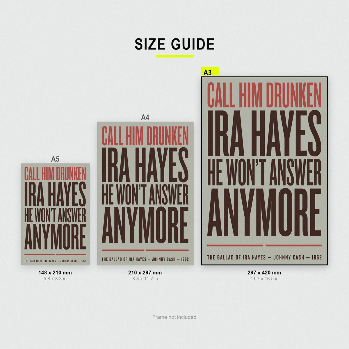The Ballad of Ira Hayes Print size guide showing A3, A4 and A5