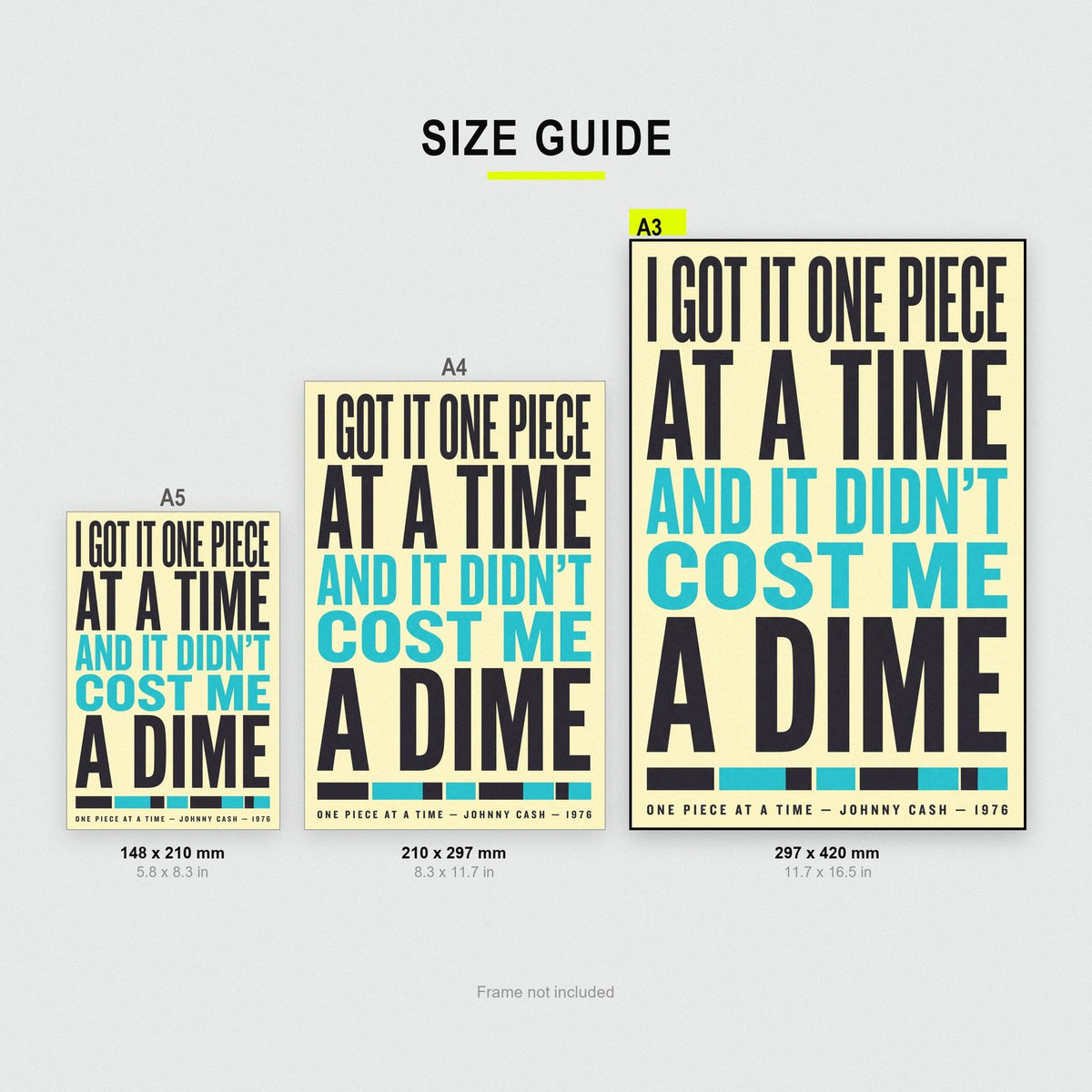 One Piece at a Time Print size guide showing A3, A4 and A5